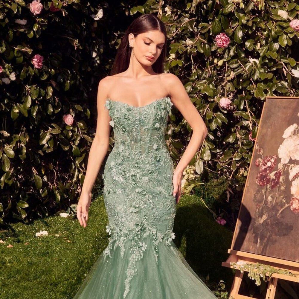 NEW LONG STRAPLESS MERMAID DRESS WITH REMOVABLE BOLERO & FLORAL DETAILS CD MA101